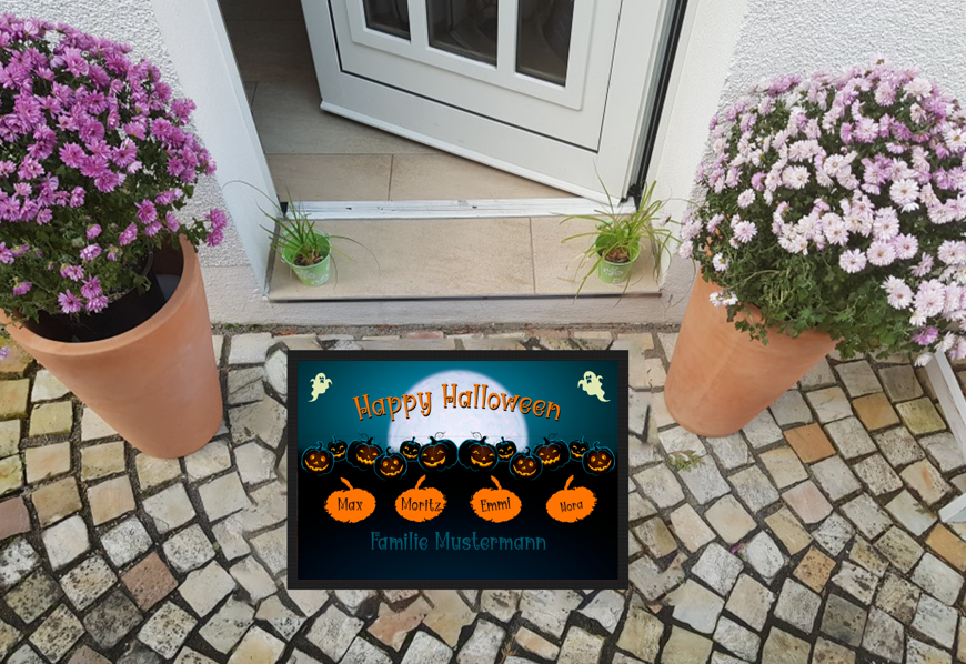 Fußmatte Halloween mit Kürbissen -mit Namen personalisiert - mit Trittrand