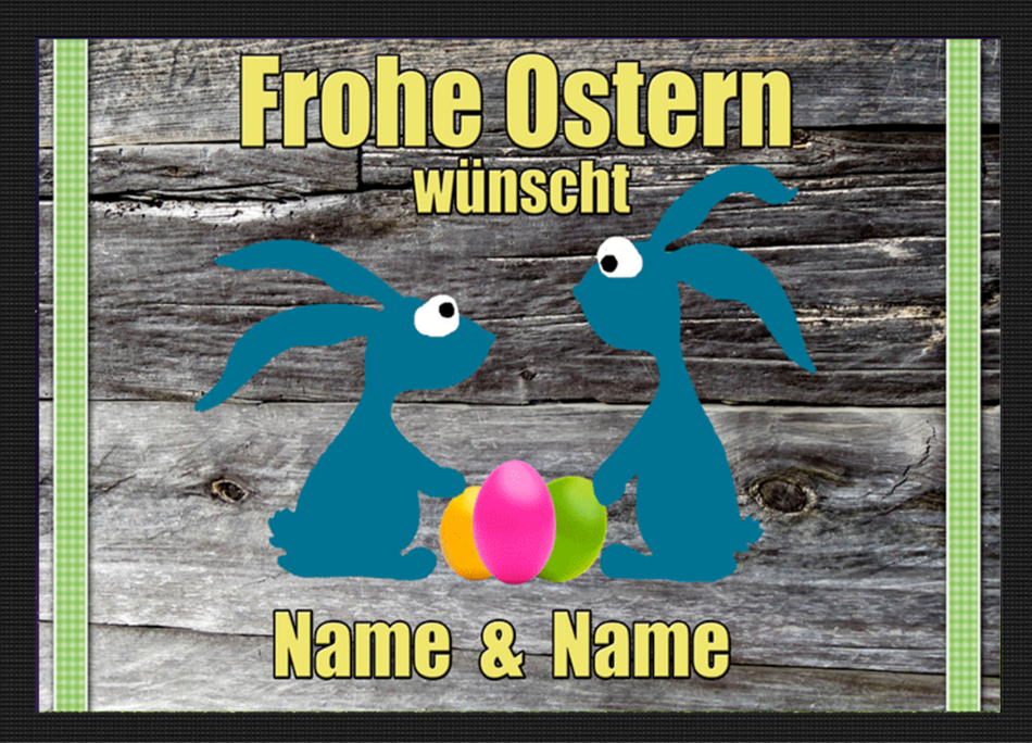 Fußmatte Bunte Ostereier mit lustigen blauen Hasen - mit Trittrand