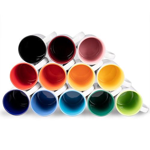 Tasse mit buntem Henkel und Innenseite in vielen Farben - mit Foto, Logo und Text personalisierbar